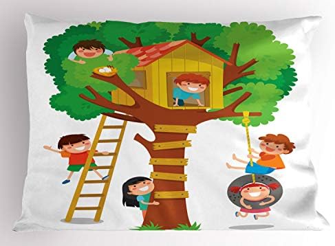 כרית קריקטורה של אמבסון כרית מצוירת, בנים ונערה עליזים שמשחקים בבית עץ חברים מאושרים, כרית דקורטיבית בגודל סטנדרטי,