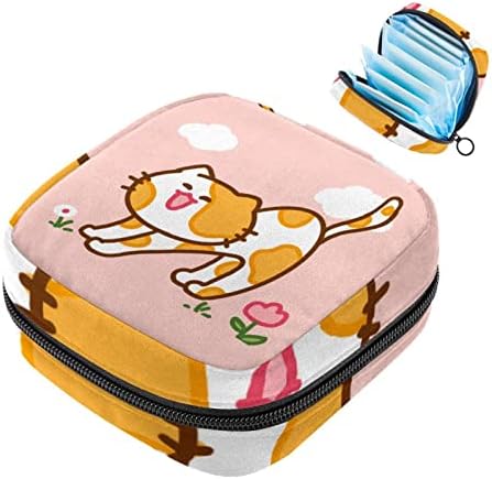 מפית סניטרית אחסון תיק, נייד לשימוש חוזר וסת כרית רוכסן שקיות, טמפון אחסון פאוץ עבור נשים בנות, קריקטורה בעלי החיים חתול