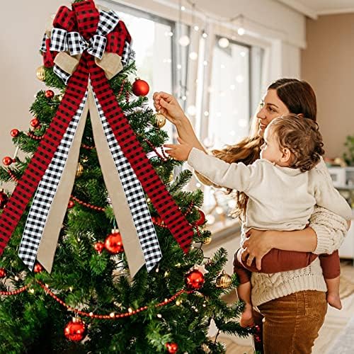 עץ חג המולד טופר קשת, 37.4 x 12.6 אינץ 'משובץ באפלו משובץ טופר טופר עם יוטה אדומה ושחור, עץ עץ בעבודת יד עיצוב חג