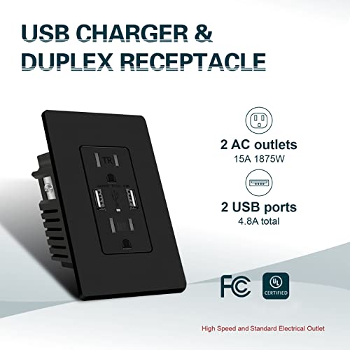 TOPELER 4PACK USB מטען קיר שקע, מהירות גבוהה כפול 4.8A יציאת USB-A, 15 אמפר דופלקס תקע עמיד בפני תקע קיבול, UL & FCC