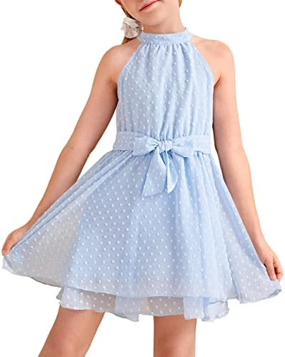 שמלת מיני הקיץ של הילדה צווארון קולר ללא שרוולים שוויצרי דוט לפרוע אונליין נדנדה שמלה קיצית מזדמן עבור 5-14 ילדים