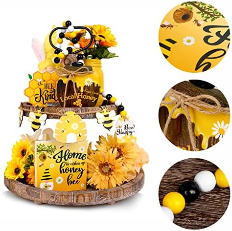סט עיצוב מגש דבורים, 9 חתיכות תפאורה דבורה שחורה צהובה בית חווה בית מגש מגש פריטי עיצוב צרור סט עץ חרוזי דבור