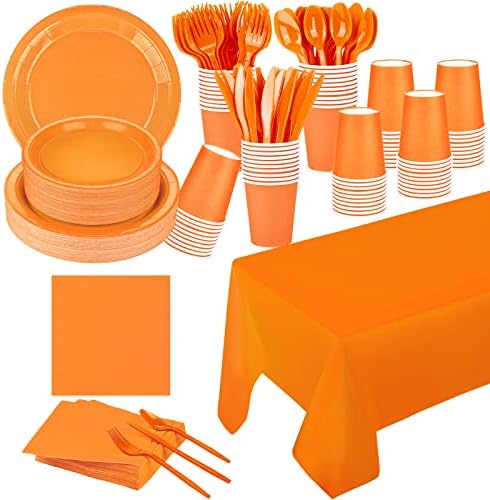TWOWYHI 229 יחידות ציוד למסיבות כתום הגדרת נייר צלחות חד פעמיות כוסות כפיות פלסטיק מזלגות סכינים מפיות תפוזים סופרים 30