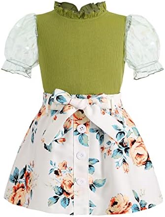 CBHaiblyd פעוט ילדה בגדי שמלת שרוול רשת שרוול מדומה חולצה חולצה+חגורת עצמית חצאית נמר פרחונית בנות נופלות