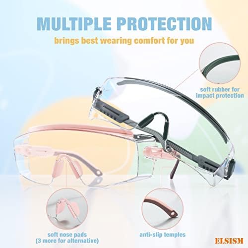 Elsism 3 חבילה משקפי בטיחות נגד ערפל על משקפיים עם מסגרת מתכווננת, התנגדות השפעה ANSI Z87.1 משקפי מגן