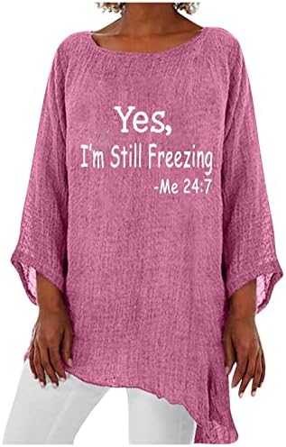 כותנה פשתן חולצות לנשים כן אני קר לי 24: 7 רגיל סוודרי צווארון עגול קל משקל ארוך שרוול סתיו אלגנטי חולצות