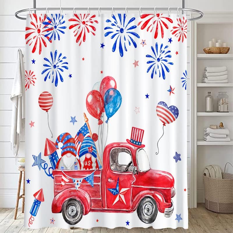 Lofaris 4 ביולי וילון מקלחת יום עצמאות לגמדי אמבטיה משאית אדומה דגלים אמריקאים בלונים זיקוקים אמבטיות