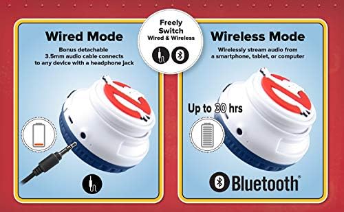 Ekids Ghostbusters ילדים אוזניות Bluetooth, אוזניות אלחוטיות עם מיקרופון כוללות כבל AUX, נפח מופחת אוזניות מתקפלות