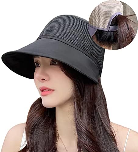 נשים של גדול ברים קרם הגנה כובע עבור חוף טיול בקיץ, חוף קש שמש כובע עם קוקו חור עבור נשים