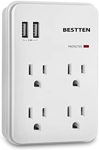 מגן מתח שקע של Bestten Wall עם 2 יציאות טעינה USB ו -4 שקעי AC, 15A/125V/1875W, ETL מוסמך, לבן
