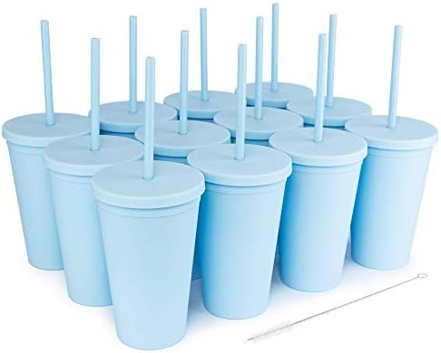 כוסות עם מכסים 16 אונקיות כוסות אקריליק צבעוניות עם מכסים וקשיות / כוסות בתפזורת פלסטיק מט קיר כפול עם מנקה קש בחינם! מתנות