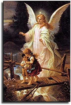 מלאך השומר של אלוהים חוצה את הגשר עם ילד קתוליזם פוסטר קיר אמנות קיר עיצוב חדר שינה חדר שינה סלון ציור דקורטיבי