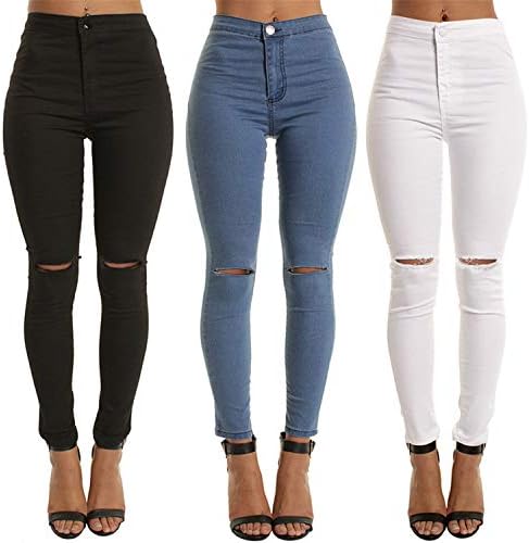 נשים מקרית גבוהה מותן קרע סקיני ג 'ינס רזה במצוקה ג' ינס מכנסיים עם כיסים מכנסיים