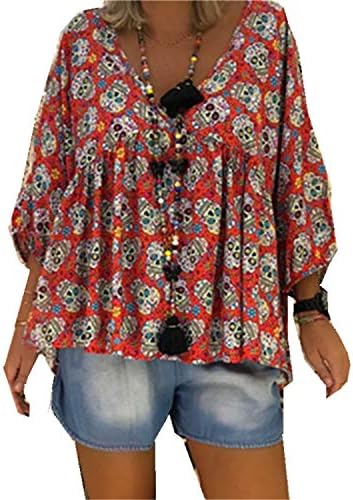 Andongnywell Womens חולצה מזדמנת שרוול רופף V צוואר מודפס חולצות חולצות הדפס טוניקות חולצה שיפון