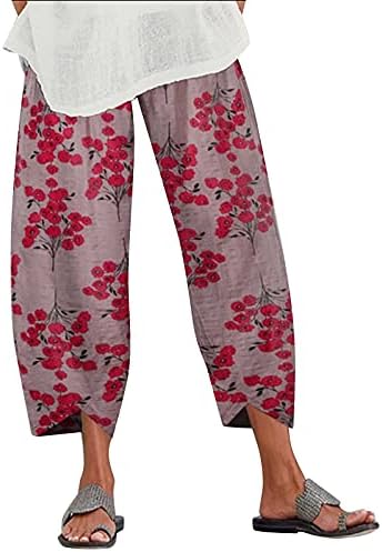 מכנסי קאפרי לנשים, פשתן כותנה אלסיטן מותניים רחבות רגליים רופפות כושר יוגה קפריס מכנסיים פרחים פרחוניים לנשים