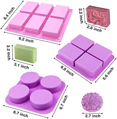 תבניות סבון סיליקון, aitrai 3 חבילה 6 חללים מלבן עגול וצורות פרחים תבניות סבון לייצור סבון, ביסקוויט שוקולד עוגה בעבודת