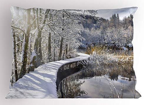 כרית חורף של אמבסון, תמונה אמיתית של טיילת מכוסה שלג ביער עם השתקפויות באגם, ציפית כרית מודפסת בגודל סטנדרטי,