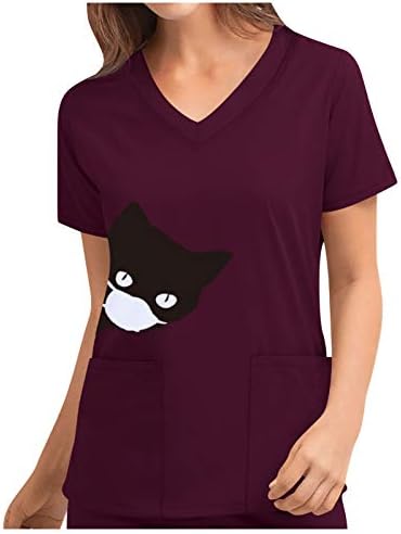 נשים טוניקת חולצות קצר שרוול צווארון סוודר אחיד מרפאת מטפל חמוד חתול הדפסת מגן בגדים עם כיסים