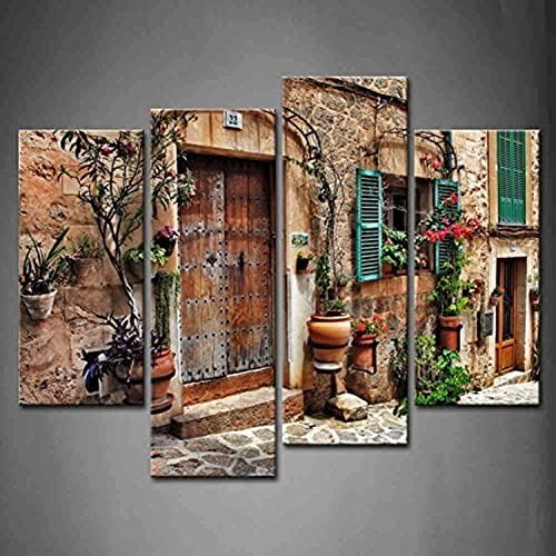 4 פנל טוסקנה קיר אמנות רחובות של ישן הים התיכון עיירות פרח דלת חלונות ציורי הדפסה על בד ארכיטקטורת תמונות עבור בית