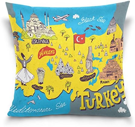 מפת מצוירת של נגר עליון של טורקיה קטיפה קטיפה קטיפה לזרוק כרית כרית כרית כיסוי - 18 x 18 - רוכסן בלתי נראה עיצוב