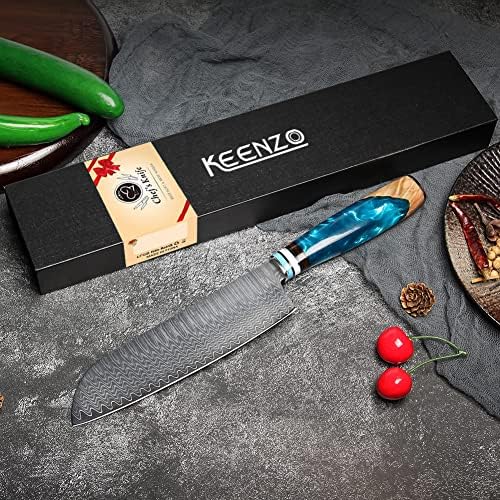 סכין קיינזו דמשק סנטוקו 7 אינץ', סט שף מקצועי, סט סכיני מטבח יפני מזויף ביד, סכין פלדה דמשק חד במיוחד 67 שכבות