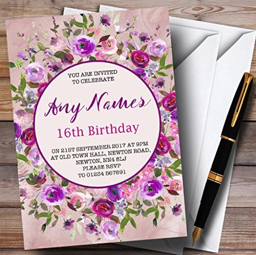פרחוני מים ורודים וסגולים פרחים 16 הזמנות למסיבת יום הולדת מותאמת אישית