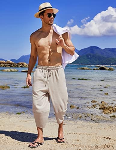 קופנדי גברים של פשתן הרמון קאפרי מכנסיים קל משקל רופף 3/4 מכנסיים שרוך אלסטי מותניים מזדמן חוף יוגה מכנסיים