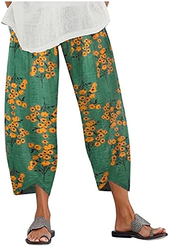 מכנסי קפרי מזדמנים לנשים כותנה רחבה כותנה פשתן קפרי הדפס פרחוני הדפס קיץ חוף מכנסי פיג'מה עם כיסים