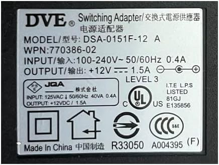 DVE 12V, 1.5 AMP UL רשום מתאם אספקת חשמל אוניברסלית עם מחבר 5.5 x 2.1