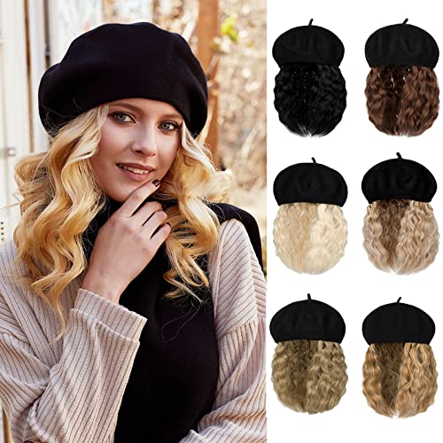 כומתה עם תוספות שיער לנשים כובע עם קינקי מתולתל סינטטי פאה מצורף 8 אינץ ארוך מתולתל שיער שחור כומתה