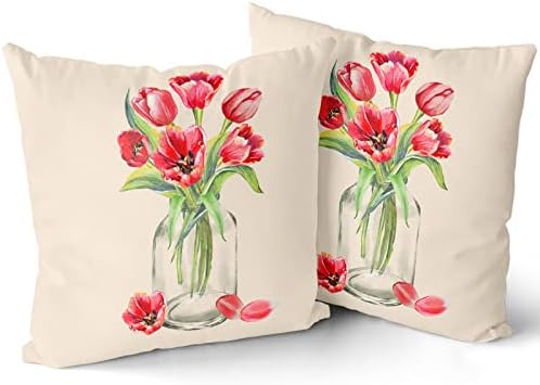 מכסה כרית טוליפ באביב 18x18 אינץ 'אגרטלים אדומים מארז כריות פרחים זורקים כריות בית חווה ולנטיין קישוט לסלון כרית