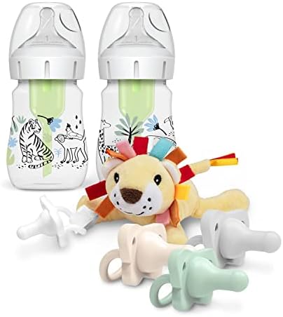 בקבוקי מעצבי ג'ונגל של בקבוק התינוקות הרחב של דר בראון, 5 גרם/150 מל, 2 חבילה עם מוצצים מאפייפי ומחזיק אהבה, אריה