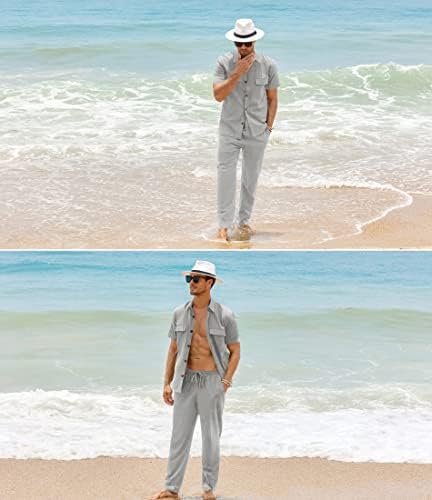 גברים חולצות פשתן מגדירים 2 תלבושות כפתור מזדמן כפתור למטה חולצה שרוול קצר מכנסיים רופפים חליפות חוף קיץ