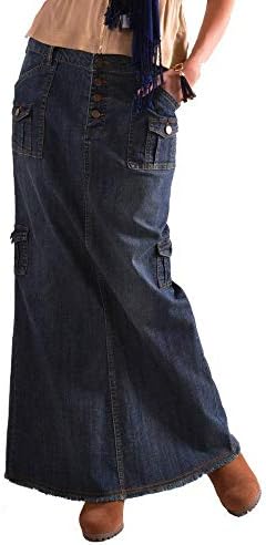 NARHBRG אופנה חצאיות ג'ינס ארוכות לכיס קז'ון לנשים כפתור קדמי שטוף חצאית דגים זנב דג ז'אן מקסי חצאית