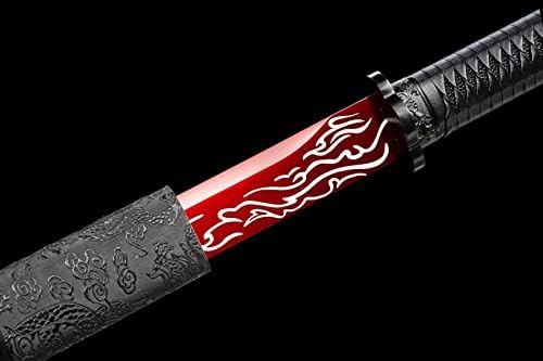 חרב LQHS חרב טאנג סינית, להבה אדומה מזויפת להב פלדה מנגן גבוה, אביזרי סגסוגת שחורים, טאנג מלא, מוכן לקרב, חרב אדומה של נהר