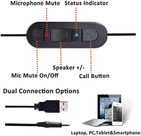 אוזניות עם מיקרופון מבטל רעשים למחשב נייד, אוזניות קלות משקל 3.5 ממ עם מיקרופון ובקרות מקוונות למוקד טלפוני עבודה