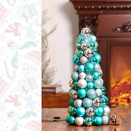 Costyleen 16 אינץ 'עץ חג חג מולד עץ שולחן שולחן קישוט מסיבה ביתית קישוטי כדור דקורטיביים חג המולד עץ עץ טווס כסף כחול