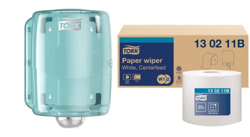 Tork Maxi Centerfeed Roll Dispenser Aqua/White - W2 + מילוי מחדש - מגב נייר מרכזי, רב תכליתי, 2 x 800 גיליונות