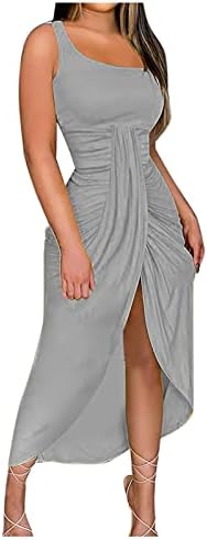 שמלת כתף אחת לנשים קיץ מקרית סקסי ללא שרוולים מרופטים בגד גוף מקסי שמלת פיצול לעטוף מסיבת מועדון ארוך שמלה