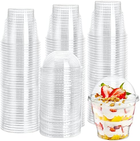 Lyellfe 100 אריזות כוסות קינוח עם מכסים כיפה, 12 כוסות פלסטיק ברורות, כוסות חטיף גלידת פרפיית חד פעמיות ללא BPA