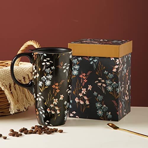 וולטוגר קרמיקה ספל נסיעות כוס קפה מתנה עם מכסה לבית ומשרד, כוס תה גבוהה של חרסינה 17oz עם אמנות פרחים בידית בארגז צבע, פרח שחור,