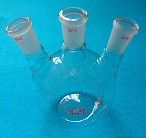 Deschem 1000 מל, 3 צווארון, 24/40, בקבוק זכוכית תחתון שטוח, שלושה צוואר, כלי רתיחה במעבדה