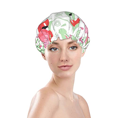 כובע מקלחת מודפס של פלמינגו פרחוני, שכבות כפולות כובע אמבטיה לנשים אטום למים כובעי מקלחת אמבטיה אלסטיים שיער