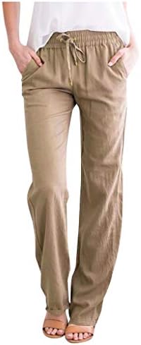מכנסי פשתן כותנה של Dsodan לנשים, משיכת מכנסי קיץ מותניים גבוהים באלסטיים מכנסי אופנה נוחים עם כיס עם כיס