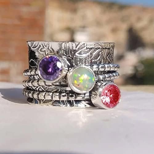 נירוסטה טבעות לנשים בוהמי חן מדיטציה ספינינג טבעת כסף בצבע אבן סט טבעת אופנה אישיות טבעת