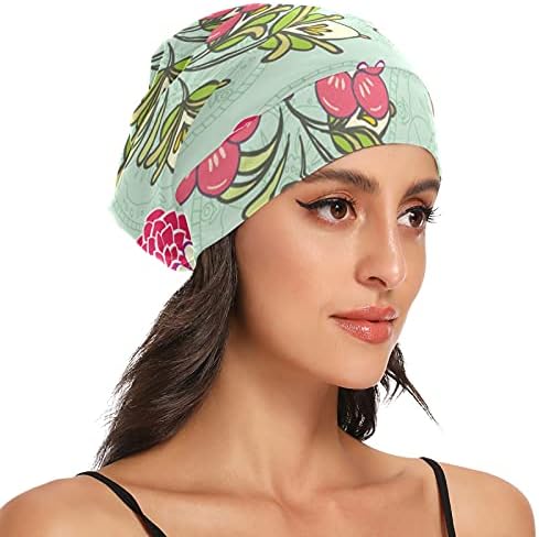 כובע עבודה של כובע שינה כובע מצנפת כפיות מצויר פרחים פרחוניים ביד ירוק ורוד לנשים לעטוף לילה בגדי שיער