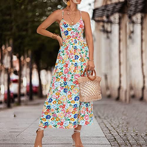 שמלות מזדמנים לנשים ספגטי קיץ רצועת הדפס פרחוני Sundress אופנה V-צווארון זורם חוף נדנדה חוף מידי שמלת