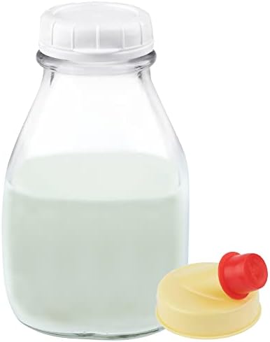 בקבוק חלב וקרם זכוכית 16 עוז עם כובעים-מיכל חלב מושלם לאחסון מקרר-בקבוק חלב זכוכית קצר ורחב של 16 אונקיות