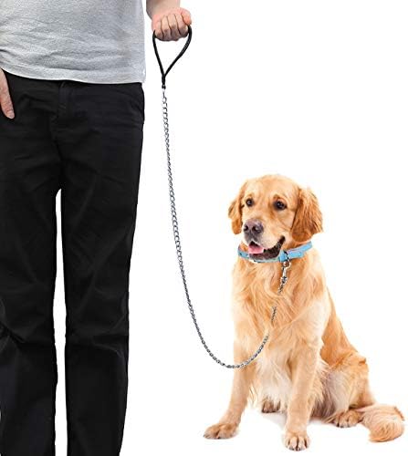 רצועת כלב מתכת לעיסת רצועת שרשרת כלב 6 רגל רצועת כלב חסון עם ידית מרופדת לכלבים בינוניים גדולים