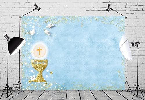 CORFOTO 10x8ft בד ראשון הקודש הקודש כרטיס הזמנה לתפאורה גביע מלאך מלאך רקע כחול לתינוק טבילה בתים אבזרים